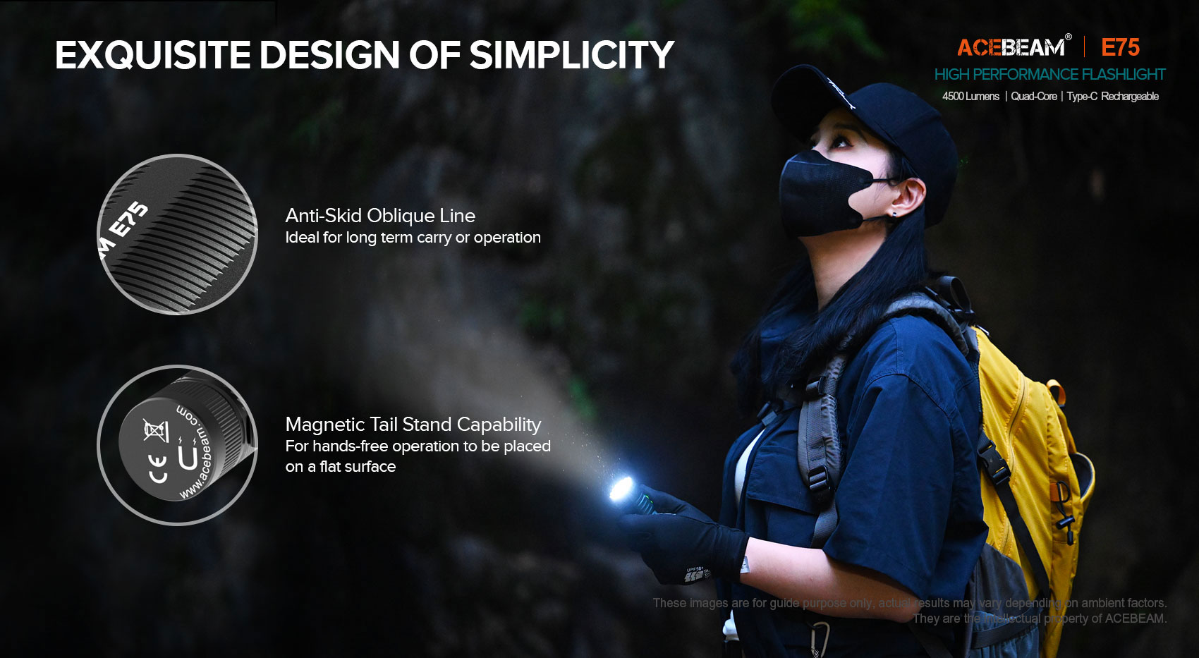 ACEBEAM E75 Quad Core LED Taschenlampe schwarz, 5.000K, bis zu 3000 Lumen Helligkeit, inklusive 21700-Akku