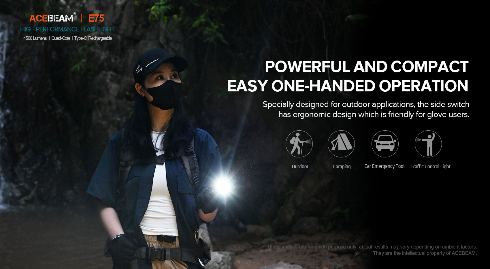 ACEBEAM E75 Quad Core LED Taschenlampe  schwarz, 5.000K, bis zu 3000 Lumen Helligkeit,  inklusive 21700 5000mAh Li-Ion Akku