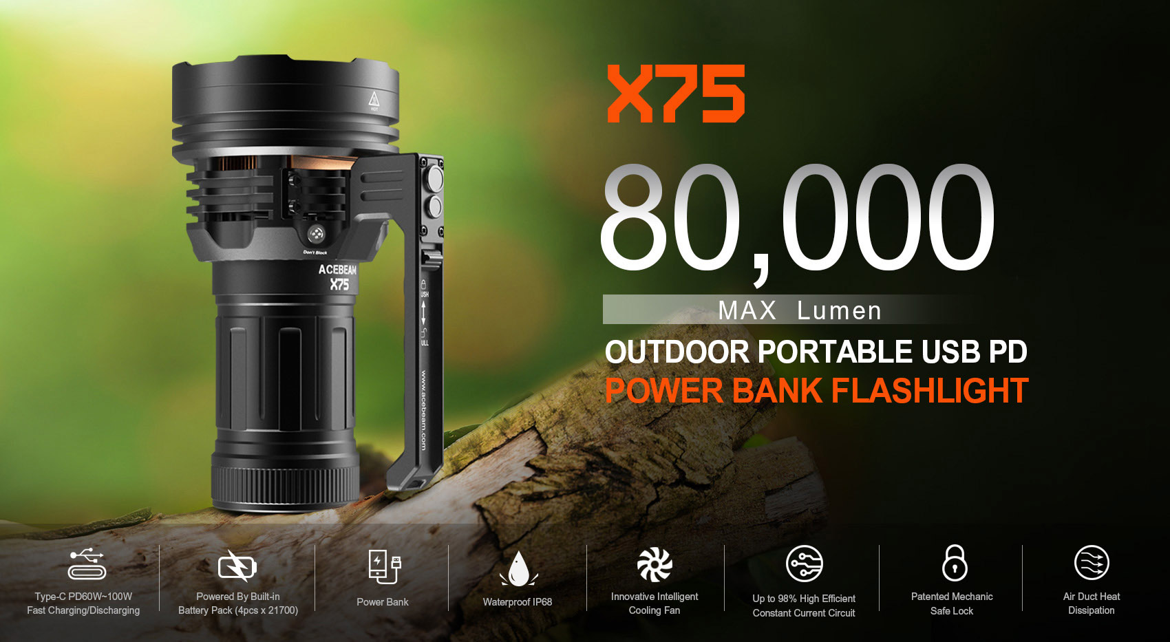 ACEBEAM X75 Max 80.000 hohe Lumen, hellste Taschenlampe, USB PD60W-100W Schnelllade-Taschenlampe