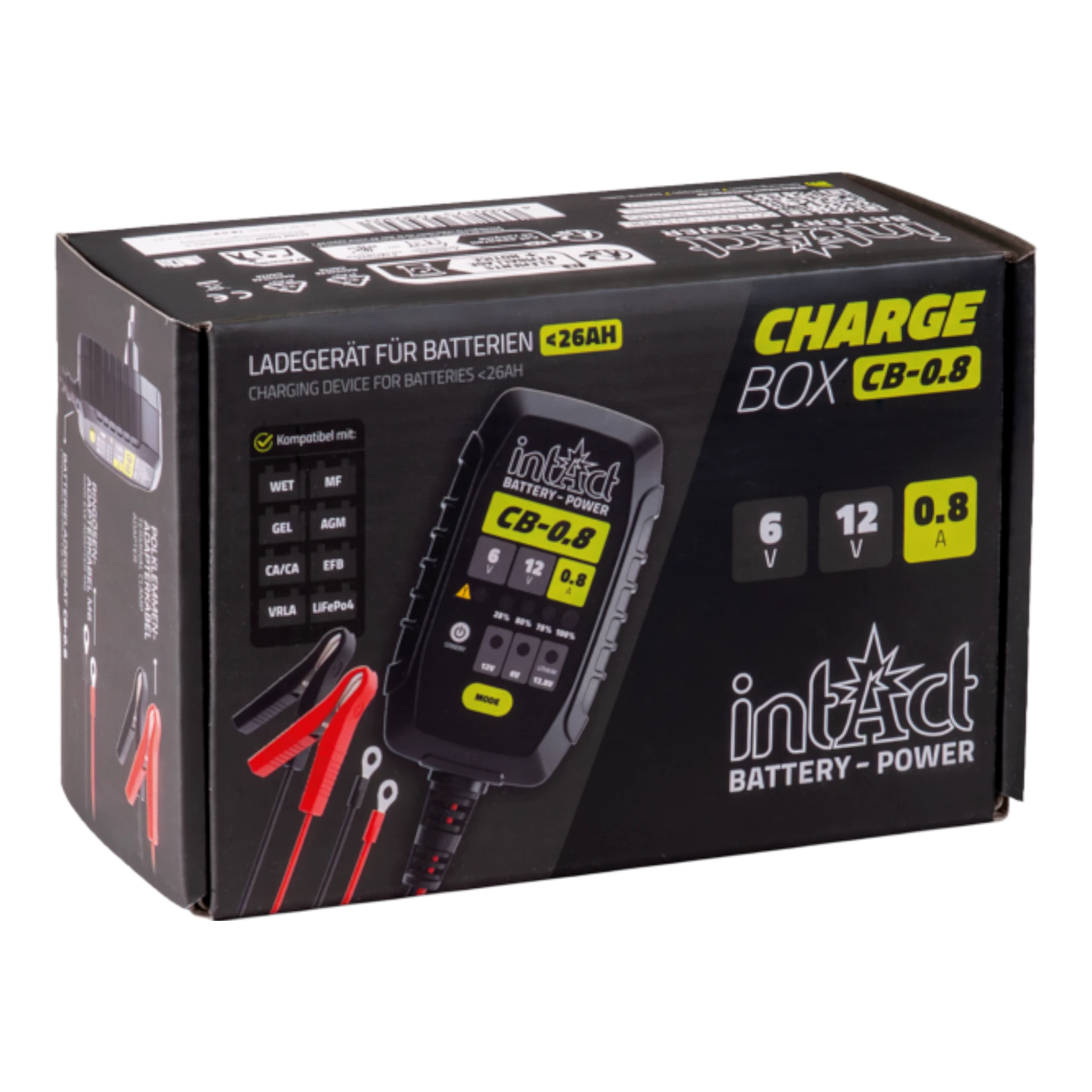 intAct ChargeBox 0.8 – kompaktes Ladegerät für 6V- und 12V-Motoradbatterien bis 26 Ah