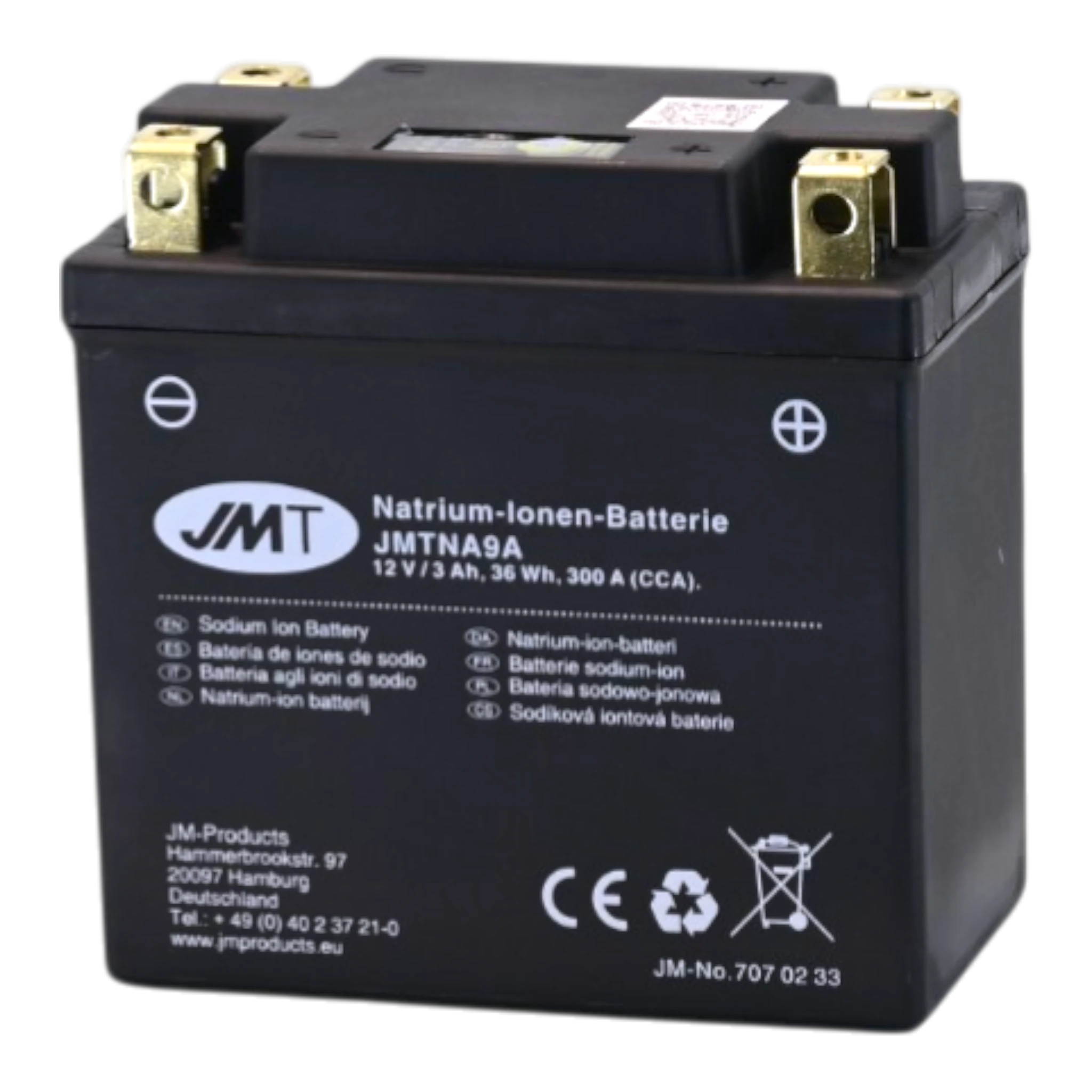 JMT JMTNA9A Natrium Motorradbatterie 12V 3Ah 300A Ladung selbst bei Tiefenentladung möglich