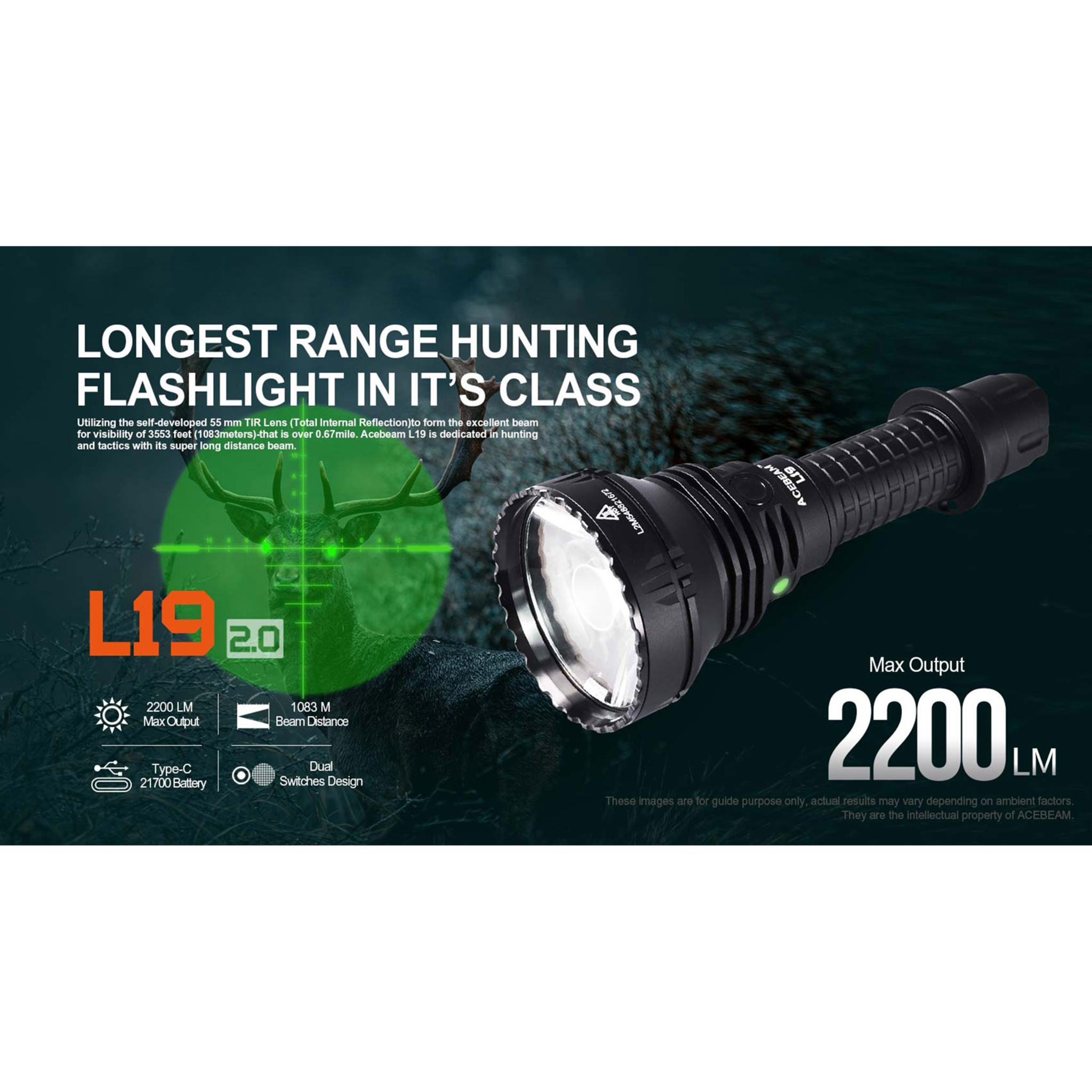 ACEBEAM L19 2.0 mit weißer LED incl. Akku Long-Range Flashlight SFT40 HI 6500K