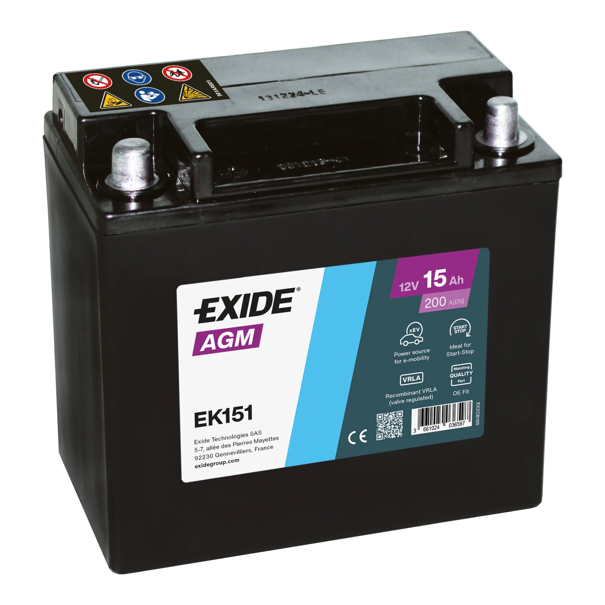 EXIDE EK151 AGM Pb Backup-Batterie 12V 15Ah/C20 - 200A(EN)
