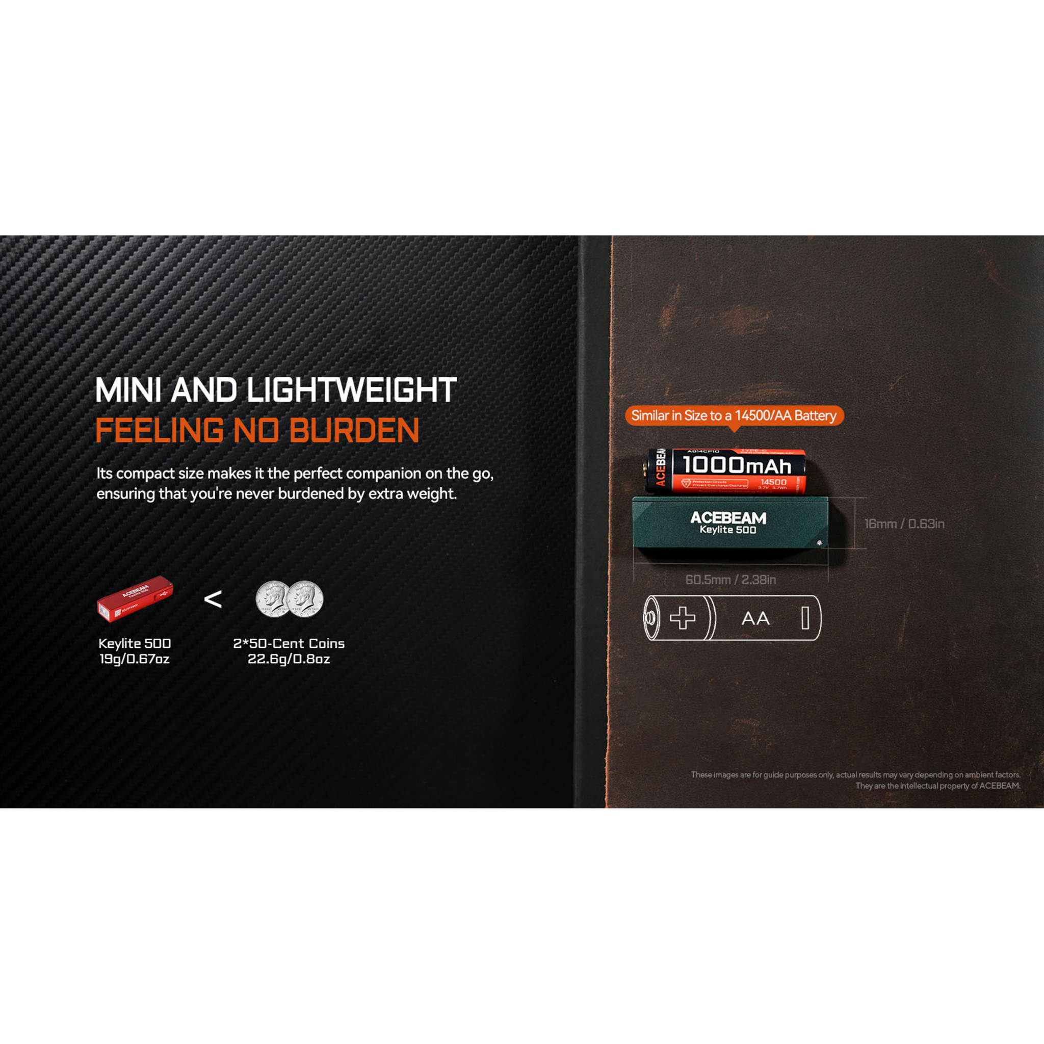 Acebeam Keylite 500 schwarz  500 Lumen, aufladbar über USB-C, Doppelte LEDs Ultrakompakt, 6 Modi, Wasserfest, Leuchtdauer 12h