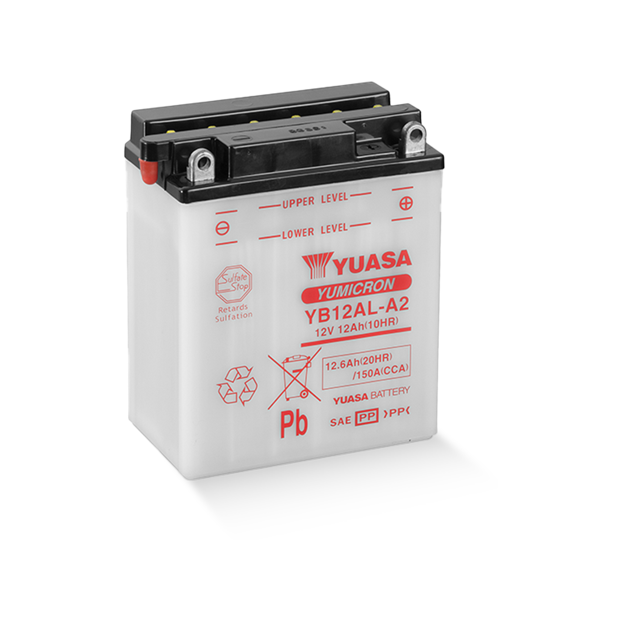 YUASA YB12AL-A2 DC 12V 12,6Ah/C20 - 150A (EN) Motorradbatterie Anschluss: vorne, oben durch Adapter (inkl.)