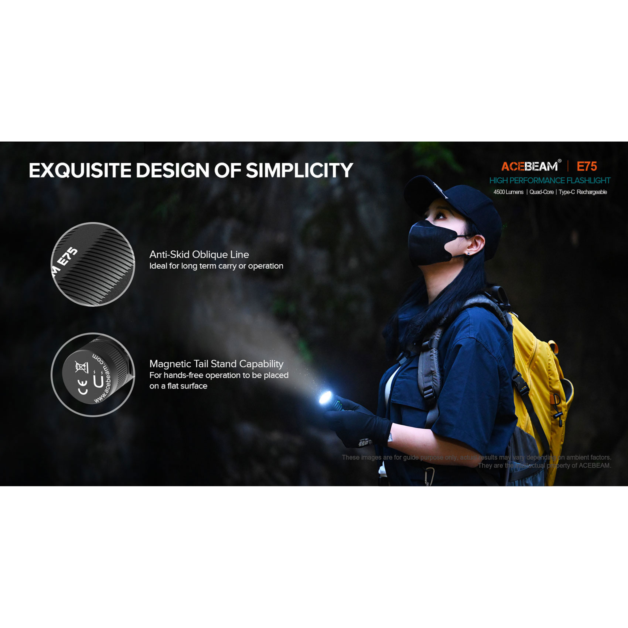 ACEBEAM E75 Quad Core LED Taschenlampe  schwarz, 5.000K, bis zu 3000 Lumen Helligkeit,  inklusive 21700 5000mAh Li-Ion Akku