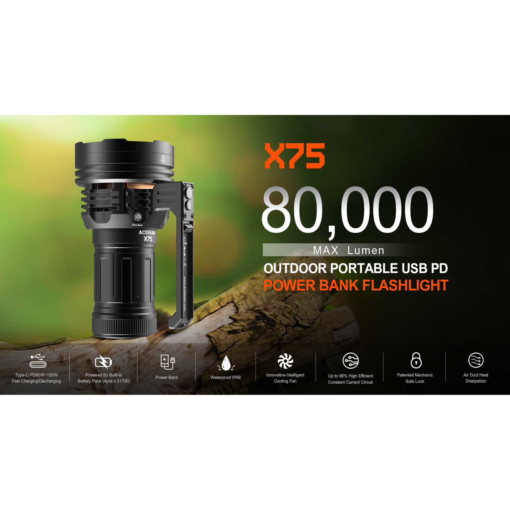 ACEBEAM X75 Max 80.000 hohe Lumen, sehr helle Taschenlampe, USB PD60W-100W  Schnelllade-Taschenlampe mit 1150 Meter  Strahlwurf