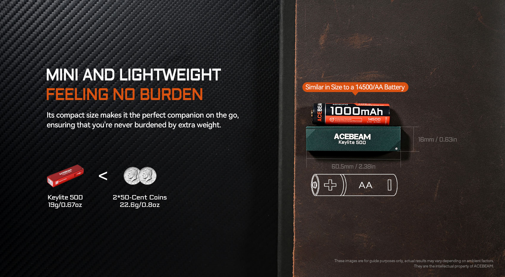 Acebeam Keylite 500 orange 500 Lumen, aufladbar über USB-C, Doppelte LEDs Ultrakompakt, 6 Modi, Wasserfest, Leuchtdauer 12h