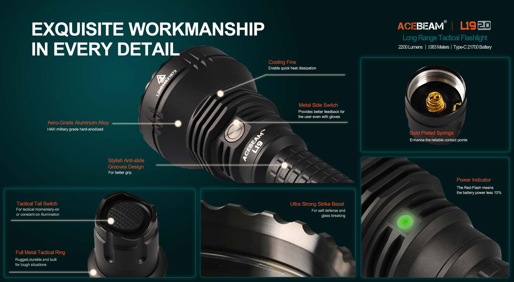 ACEBEAM L19 2.0 mit weißer LED inkl. Akku Long-Range Flashlight SFT40 HI 6500K