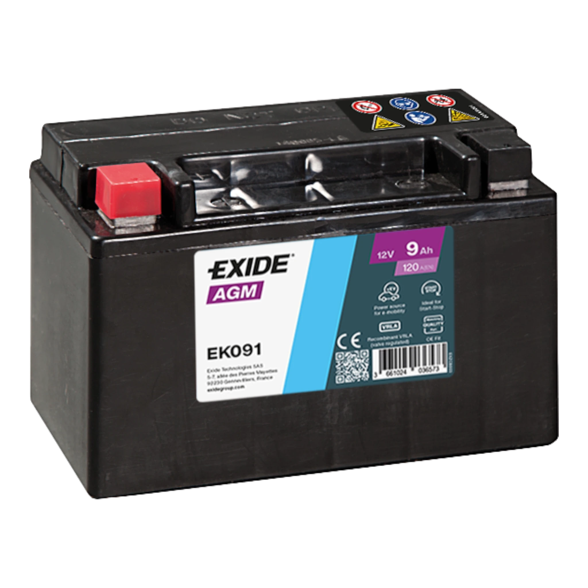 EXIDE EK091 AGM Pb Backup-Batterie  12V 9Ah/C20 - 120A(EN)