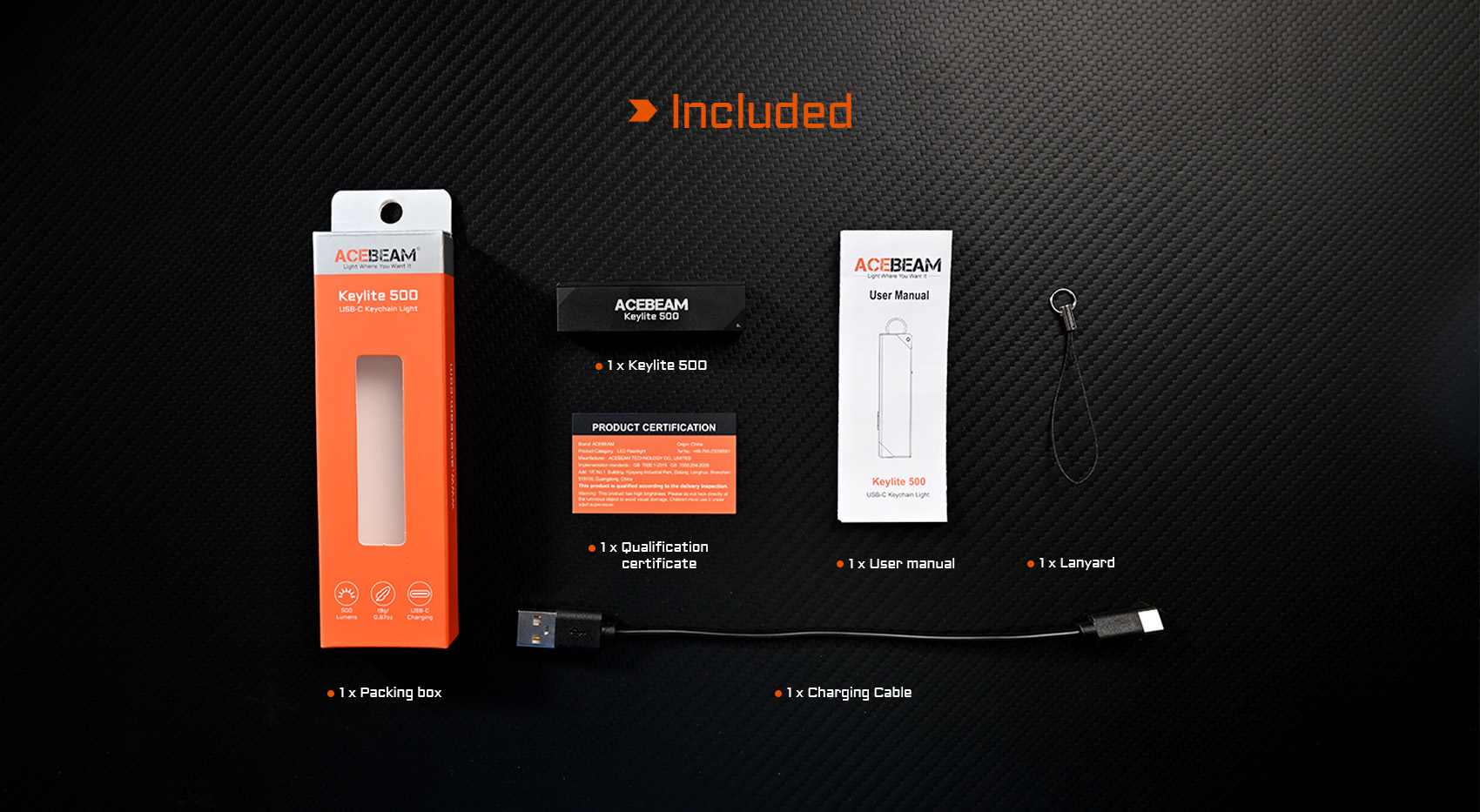 Acebeam Keylite 500 orange 500 Lumen, aufladbar über USB-C, Doppelte LEDs Ultrakompakt, 6 Modi, Wasserfest, Leuchtdauer 12h