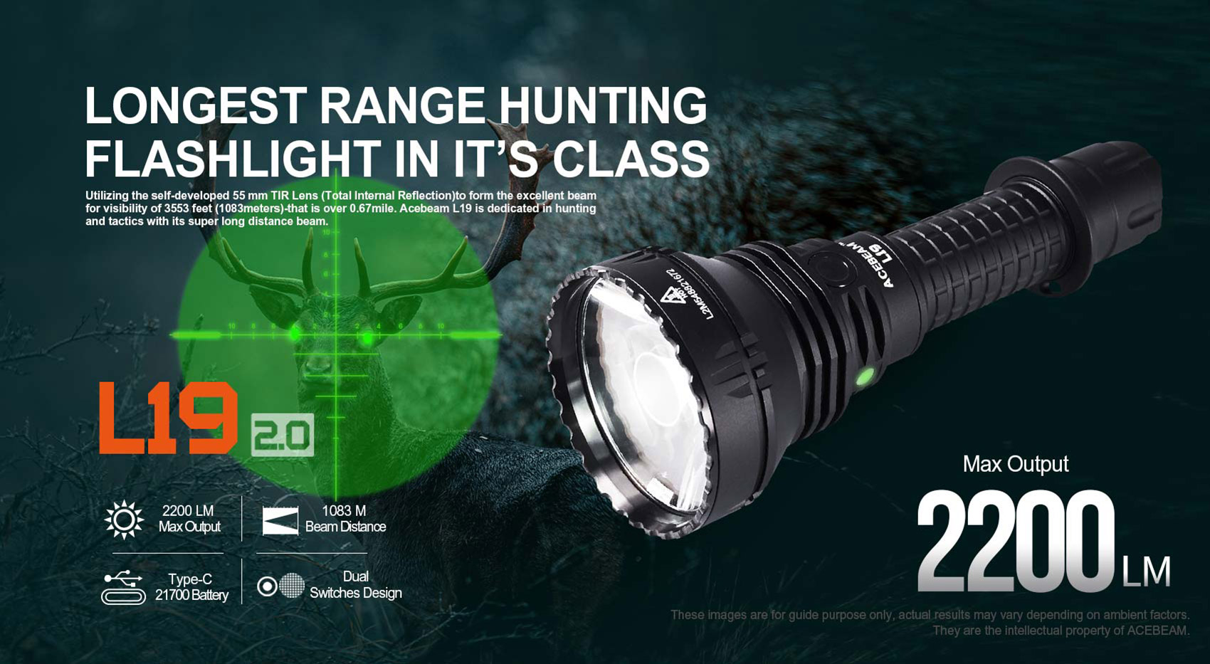 ACEBEAM L19 2.0 mit weißer LED inkl. Akku Long-Range Flashlight SFT40 HI 6500K