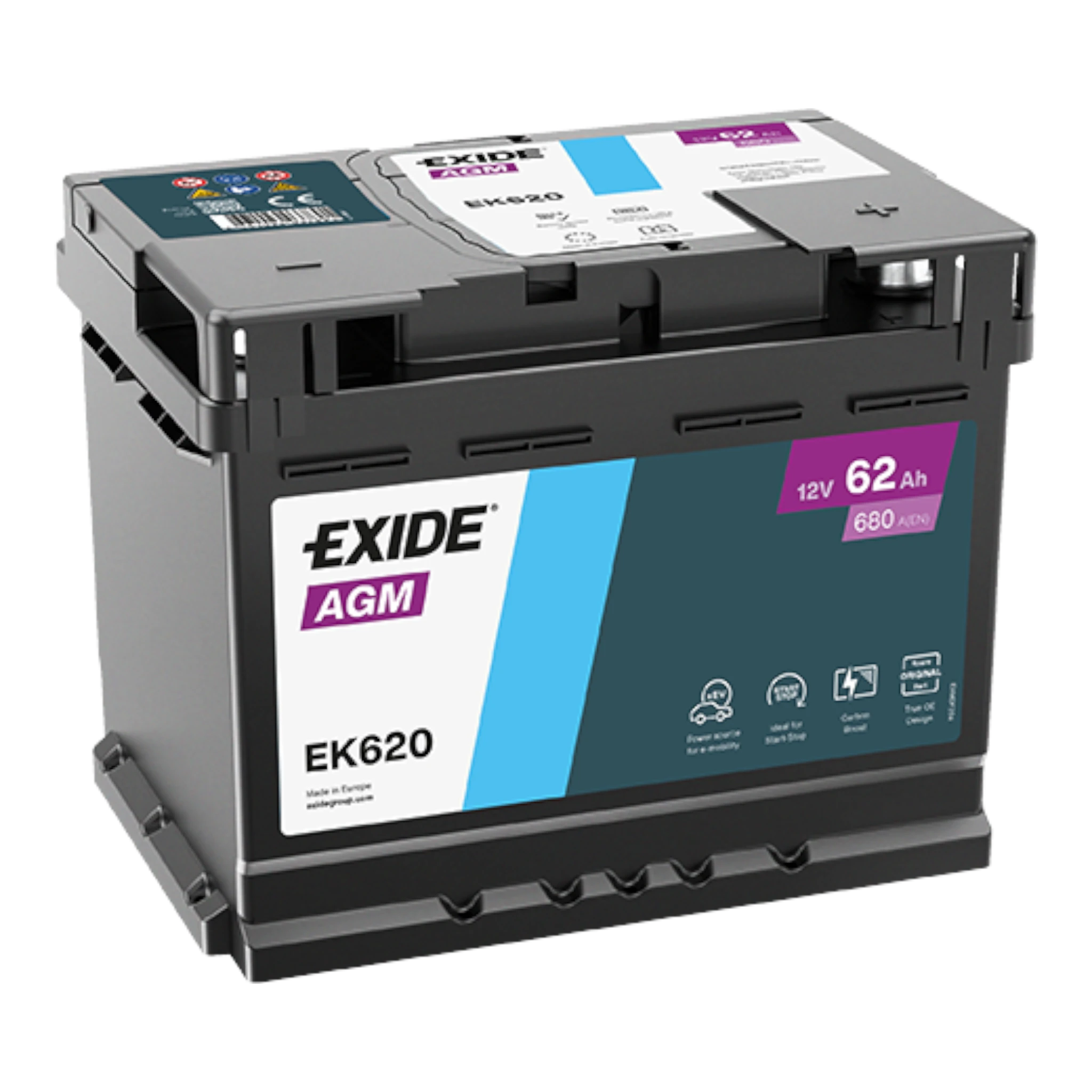 EXIDE EK620 AGM Pb Starterbatterie  12V 62Ah/C20 - 680A(EN)