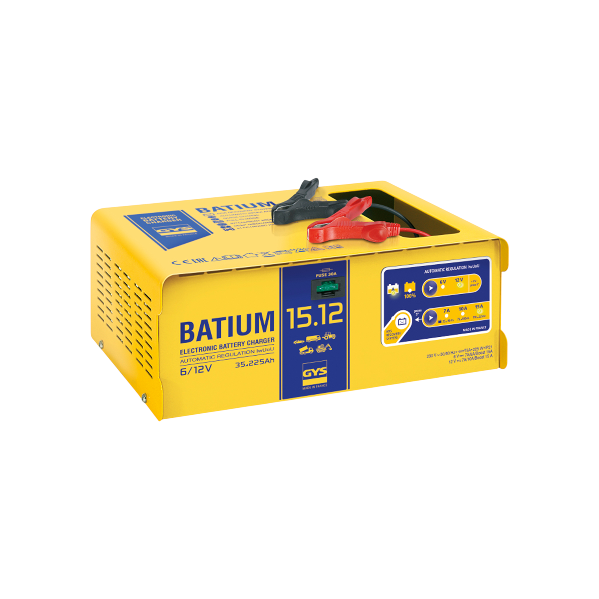 GYSFLASH Batium 15.12 6V und 12V  Mikroprozessor gesteuertes Ladegerät 1,5m 2,5 mm² 40A Ladeleitung mit Zangen
