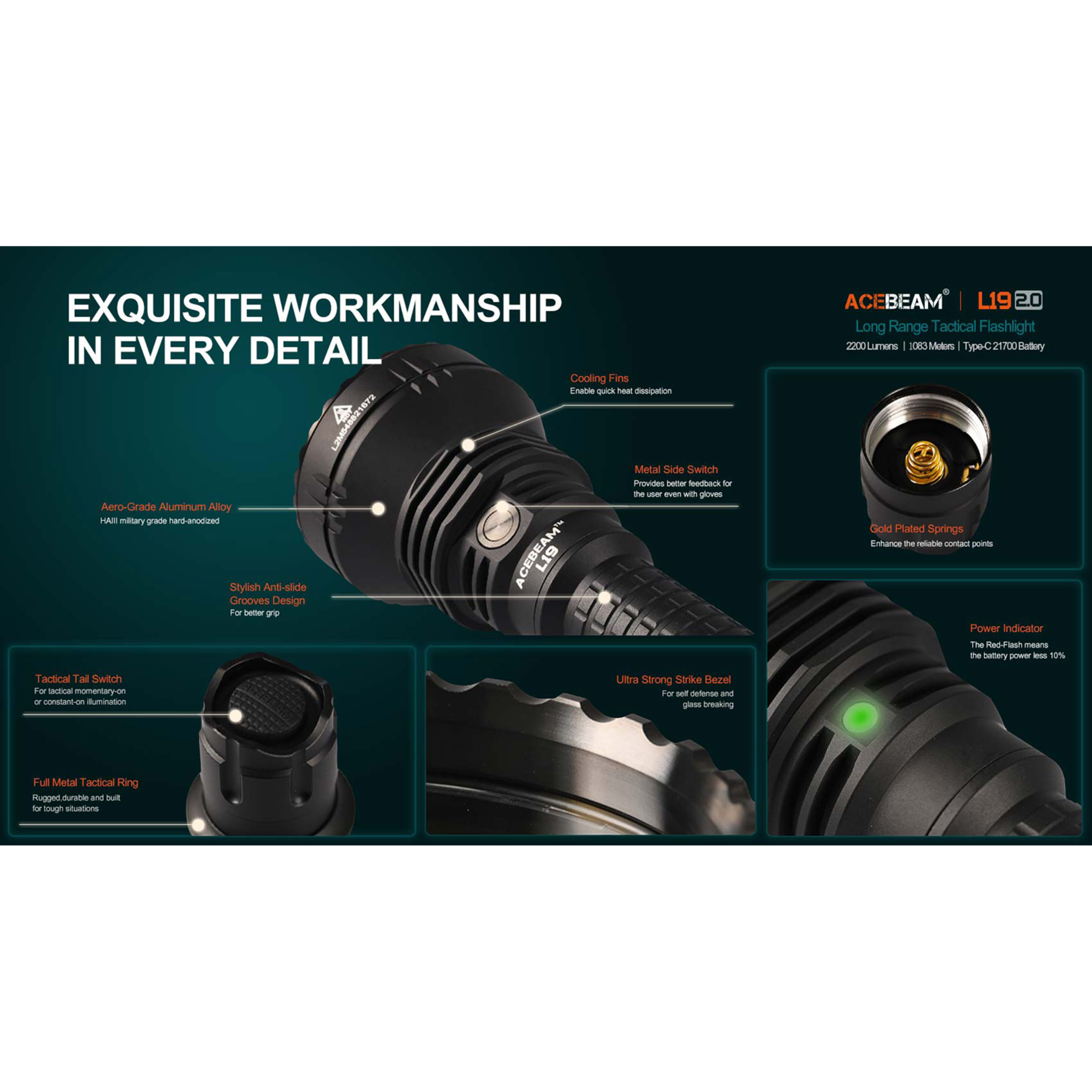 ACEBEAM L19 2.0 mit weißer LED incl. Akku Long-Range Flashlight SFT40 HI 6500K