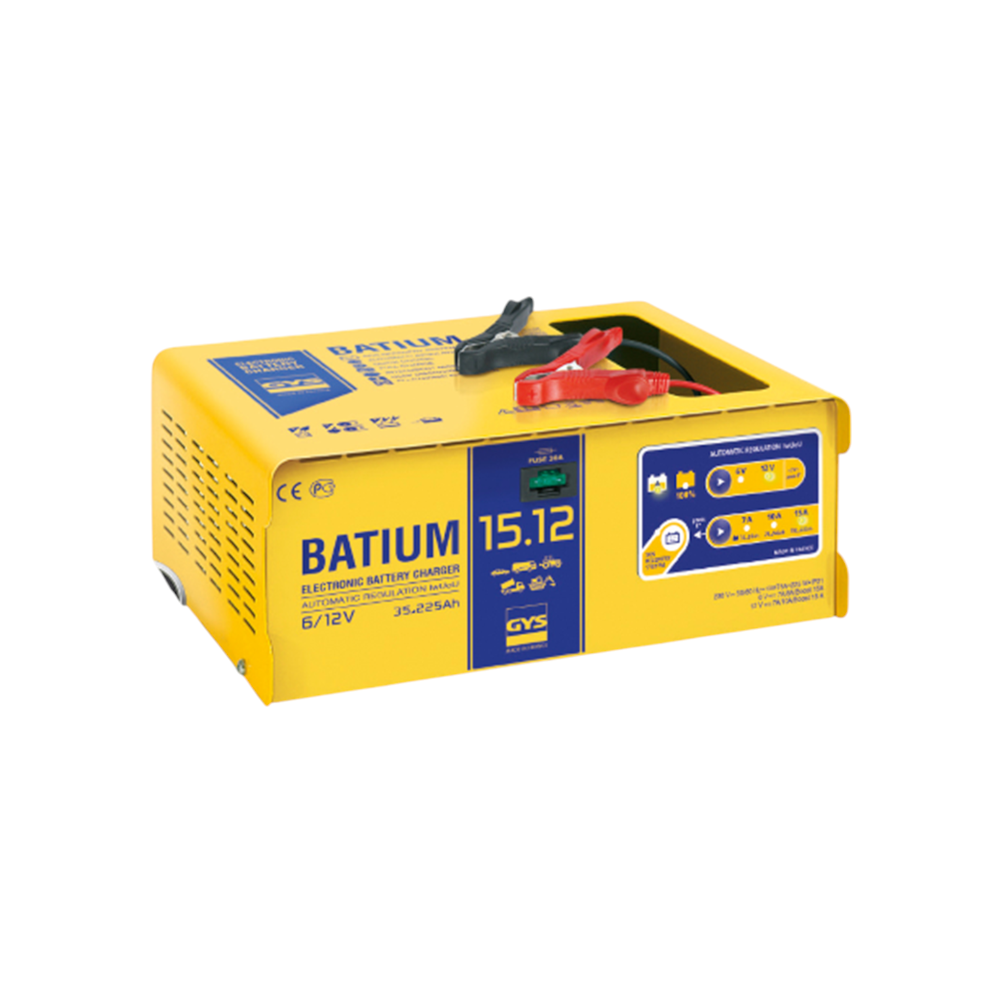 GYSFLASH Batium 15.12 6V und 12V  Mikroprozessor gesteuertes Ladegerät 1,5m 2,5 mm² 40A Ladeleitung mit Zangen