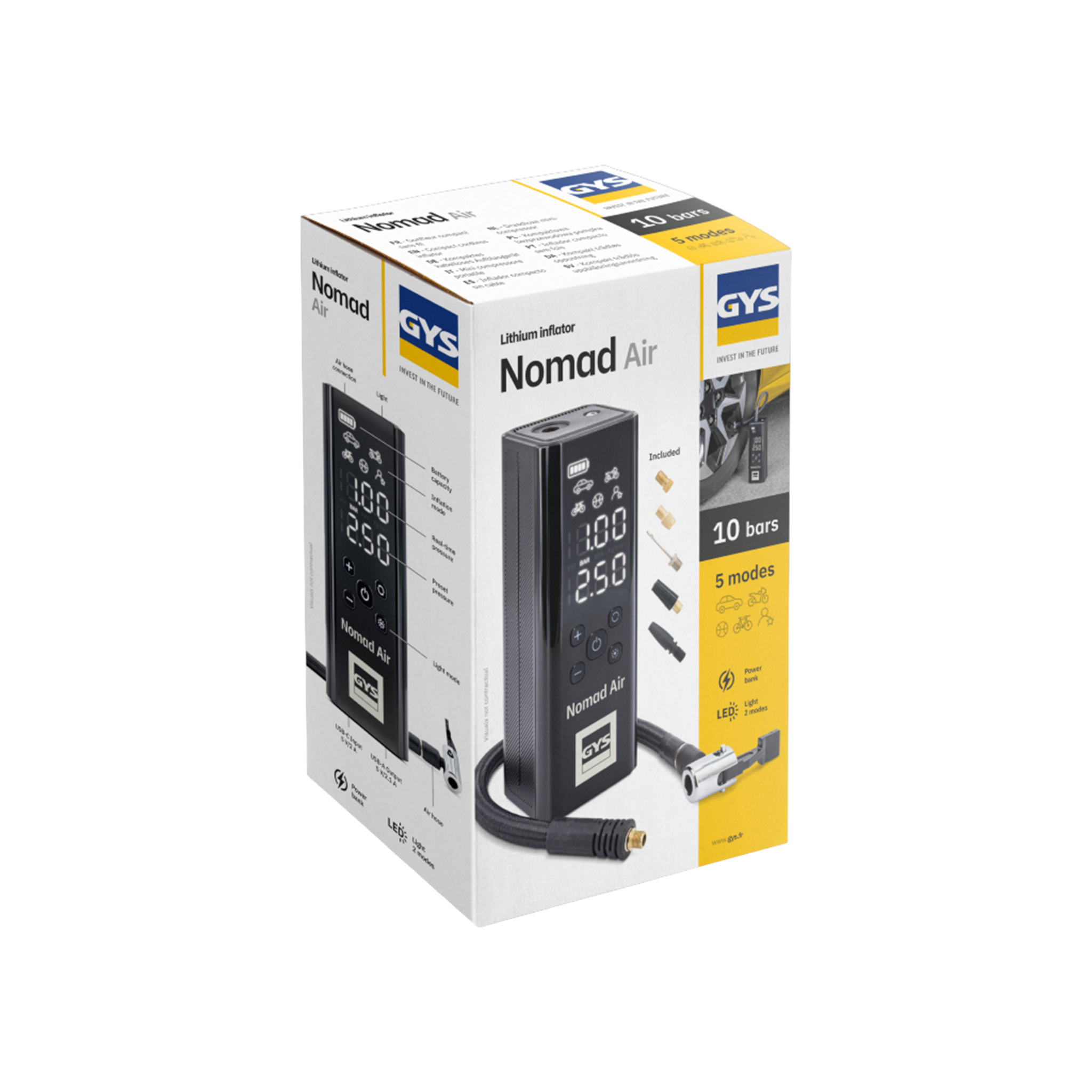 GYS Nomad Air tragbarer Kompressor mit Akku 0,25 bis 10,35 bar, stoppt automatisch, 5 Aufsätze