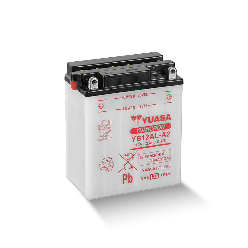 YUASA YB12AL-A2 / YB12Al-A / 51213 12V 12,6Ah/C20 - 150A (EN) Motorradbatterie Anschluss: vorne, oben durch Adapter (inkl.)