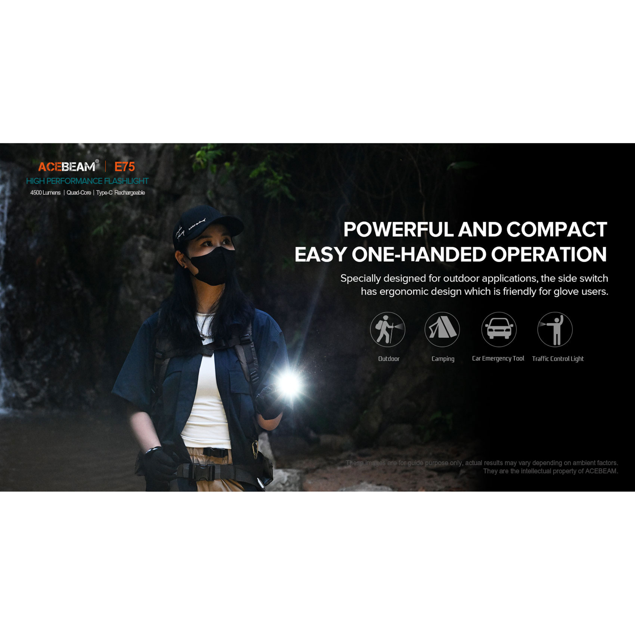 ACEBEAM E75 Quad Core LED Taschenlampe  schwarz, 5.000K, bis zu 3000 Lumen Helligkeit,  inklusive 21700 5000mAh Li-Ion Akku