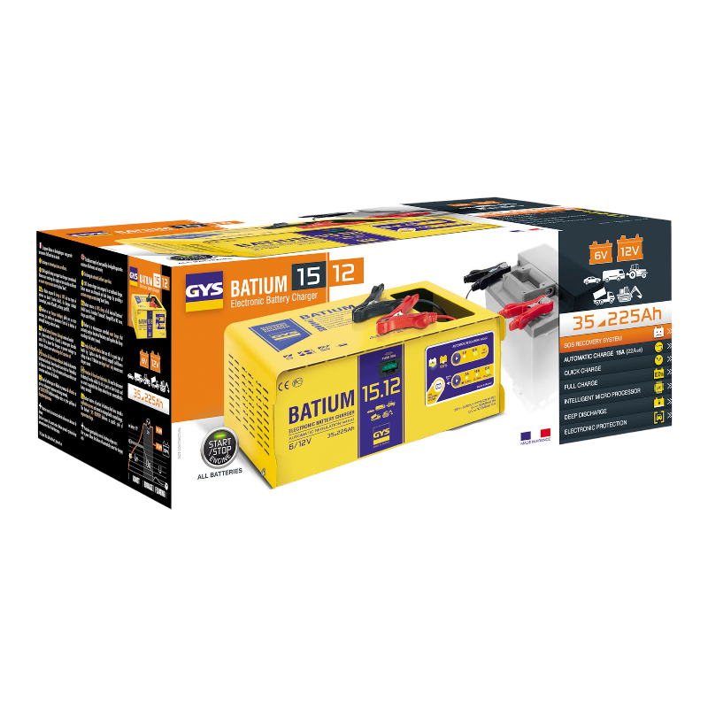 GYSFLASH Batium 15.12 6V und 12V  Mikroprozessor gesteuertes Ladegerät 1,5m 2,5 mm² 40A Ladeleitung mit Zangen