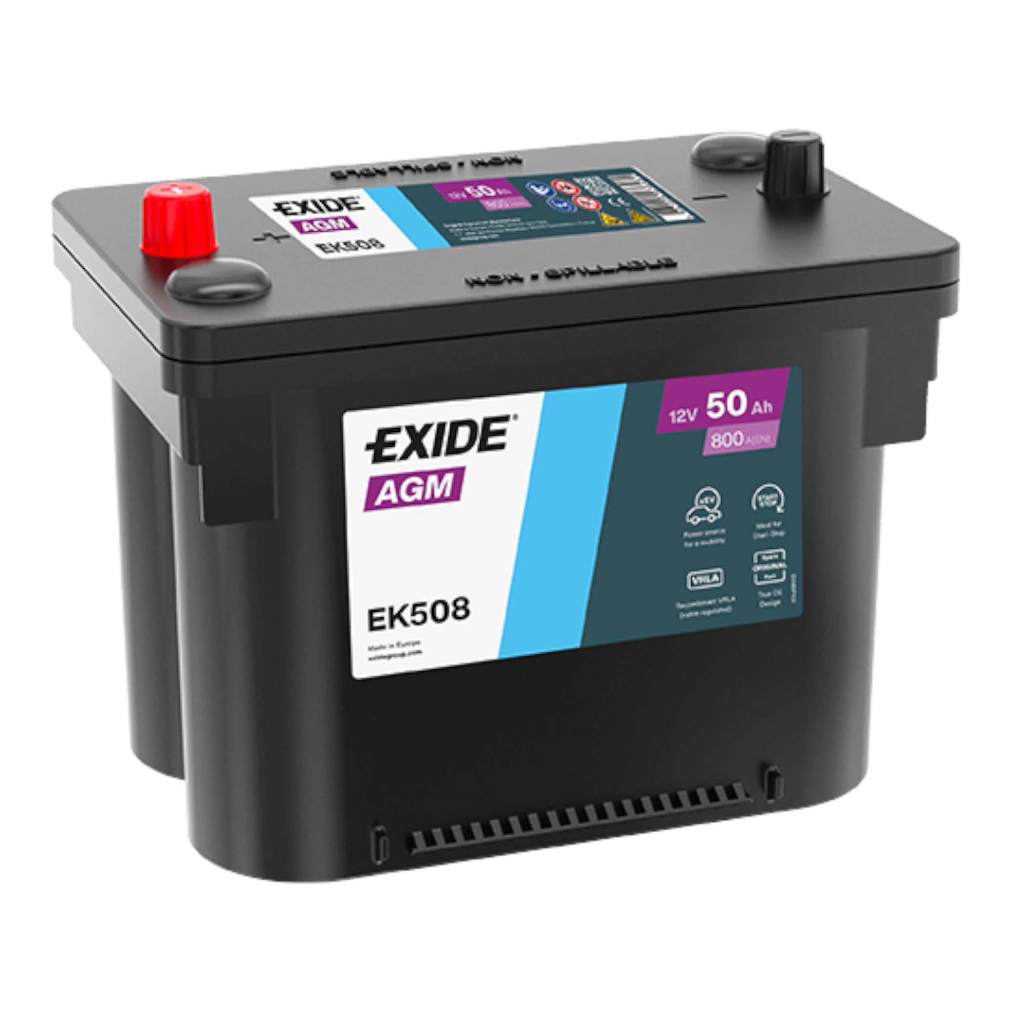 EXIDE EK508 AGM Pb Starterbatterie  12V 50Ah/C20 - 800A(EN)