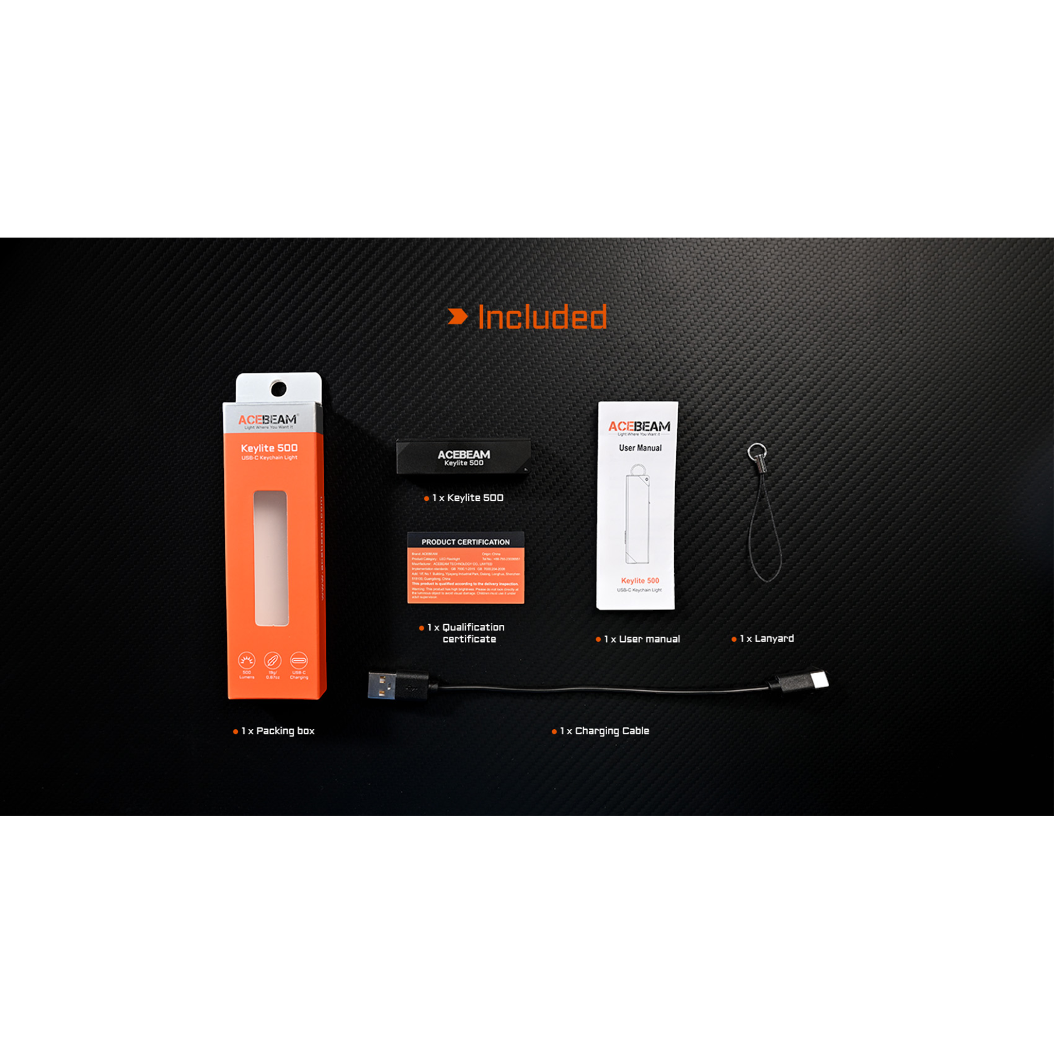 Acebeam Keylite 500 orange 500 Lumen, aufladbar über USB-C, Doppelte LEDs Ultrakompakt, 6 Modi, Wasserfest, Leuchtdauer 12h