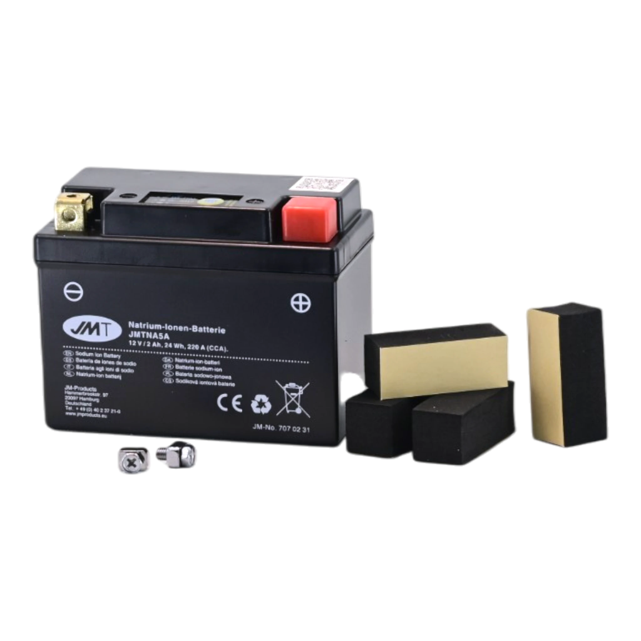 JMT JMTNA5A  Natrium Motorradbatterie 12V 2Ah 220A Ladung selbst bei Tiefentladung inkl. 4 Schaumstoffblöcken zum Anpassen der Maße