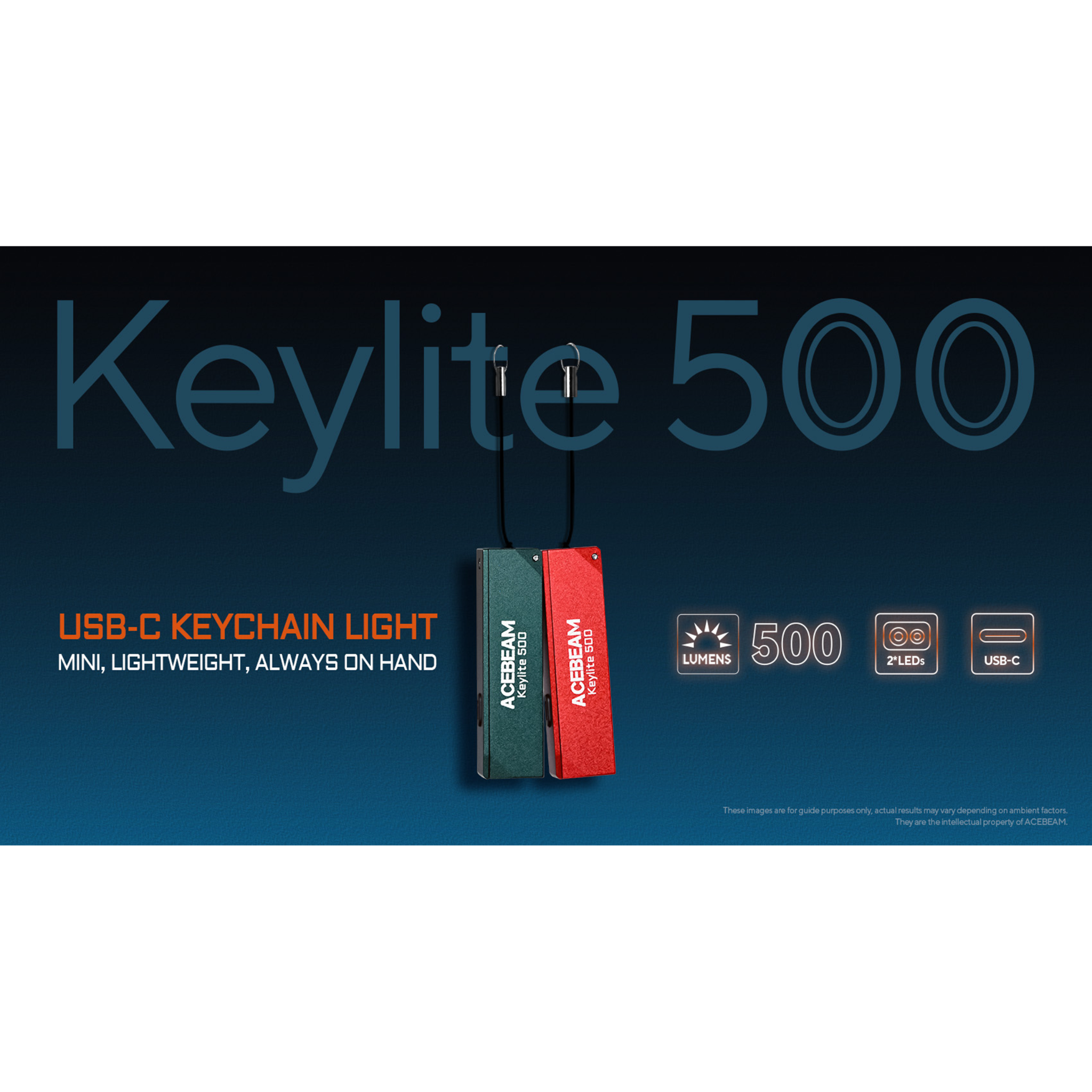 Acebeam Keylite 500 orange 500 Lumen, aufladbar über USB-C, Doppelte LEDs Ultrakompakt, 6 Modi, Wasserfest, Leuchtdauer 12h